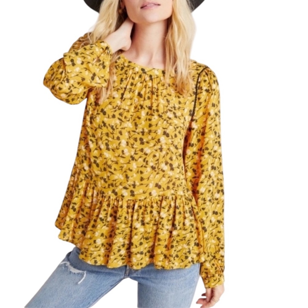 MAEVE Mustard Yellow Floral Blouse Cheyenne Top Peplum Ruffle Boho Autumn Size M